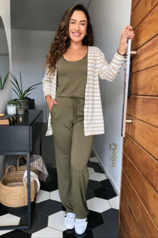 PIJAMA FEMININO INVERNO 03 PEÇAS REGATA E CALÇA EM VISCOLYCRA E CARDIGAN CANELADO